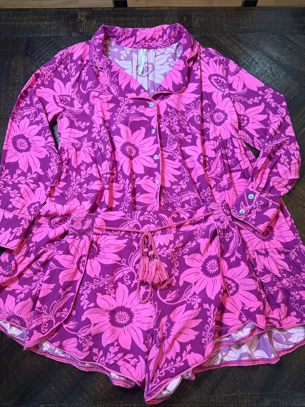 Anthropologie Dahlia Pink Floral Tunic Shorts Pajama Set Small